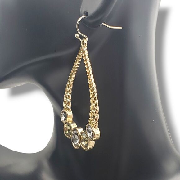 Gold Tone Teardrop Dangle Drop Hook Earrings Gray Golden Faceted Rhinestones - Picture 5 of 7